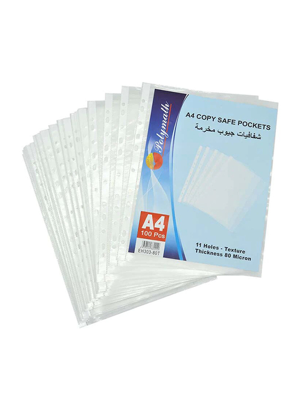

Polymath A4 80m Punched Copy Safe Pockets, 100 Piece, Clear