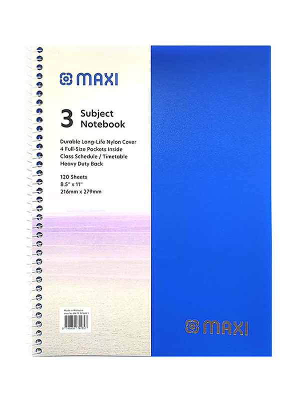 

Maxi PP Spiral 3 Subject Notebook, 120 Sheets, 21.59 x 27.94cm, Blue