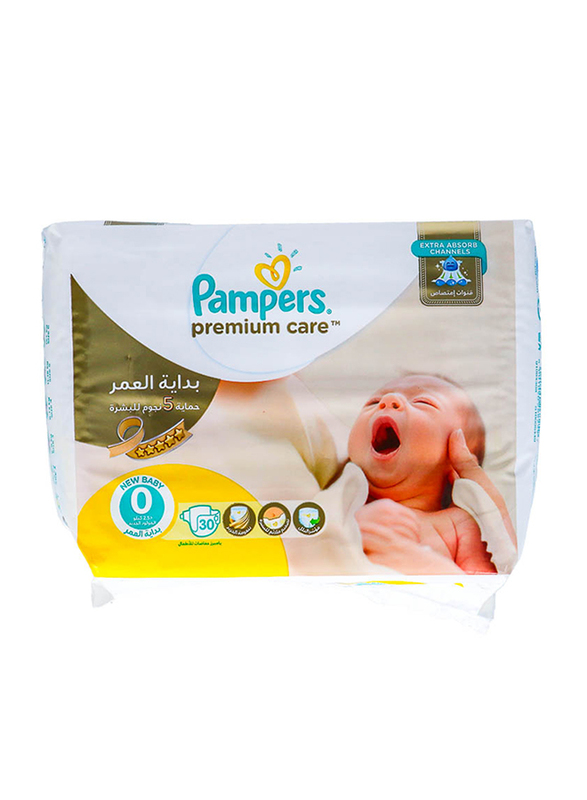 Pampers Premium Care Diapers, Size 0, New Baby, Upto 2.5 kg, Carry Pack, 30 Count
