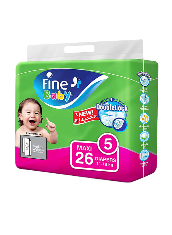 

Fine Baby Double Lock Diapers, Size 5, Maxi, 11-18 kg, 26 Count