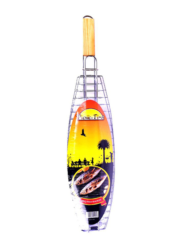 

Picnic Time BBQ Grill Fish Racket with Wood Handle, Silver/Brown