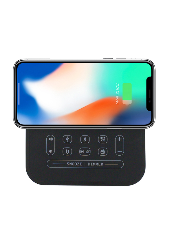 Roomwell UK Wireless Charger with Digital Alarm Clock, Radio and Bluetooth for Mobiles/Tablets, Black