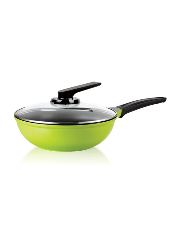 Roichen 3.7Ltr Non-Stick Round Ceramic Wok Pan with Lid, 29.5x29.5x8.7cm, Green