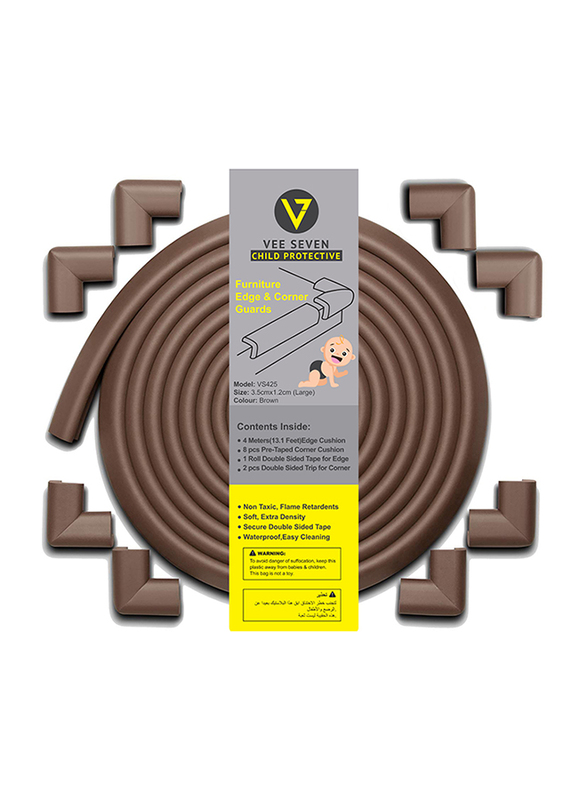 Vee Seven Child Protective Furniture Edge & Corner Guards with 8-Piece Pre Tape Corner Cushion, Large, Brown