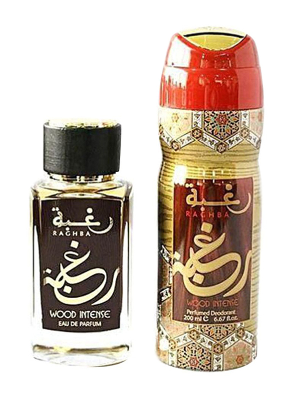 

Lattafa 2-Piece Raghba Wood Intense Gift Set Unisex, 100ml EDP Perfume, 200ml Deodorant