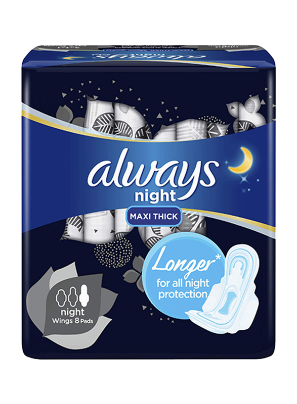 Always Maxi Thick Clean & Dry Sanitary Pads with Wings, Night, 8 Pads
