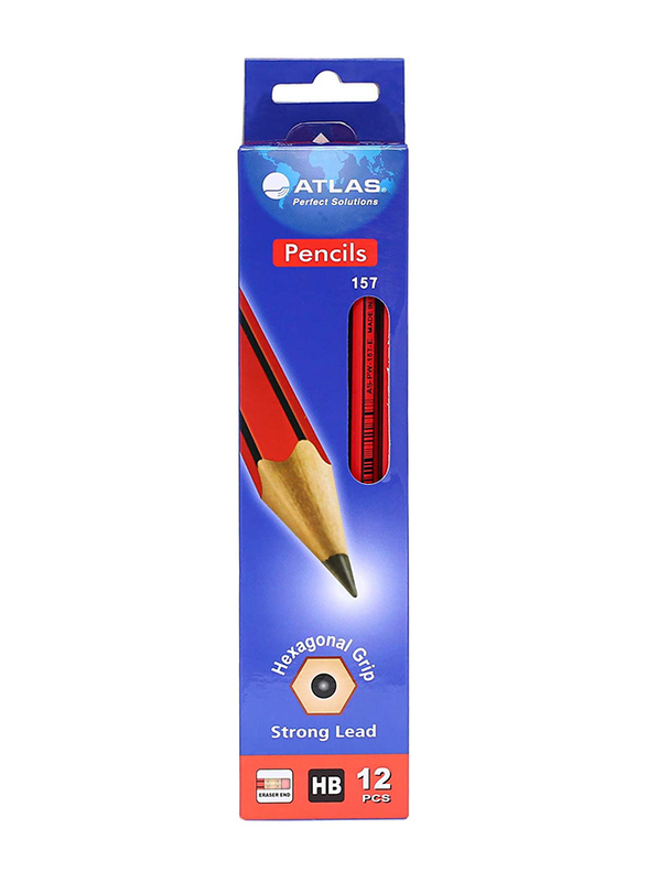 Atlas 12-Piece HB Pencils with Eraser Set, Red