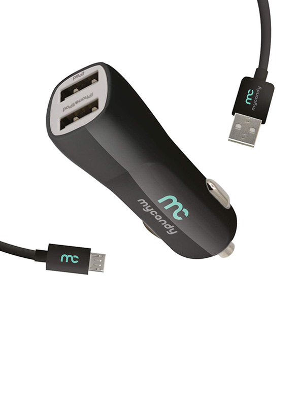 My Candy Double Port Car Charger, 3.4A with 17W USB Type C Cable, Black