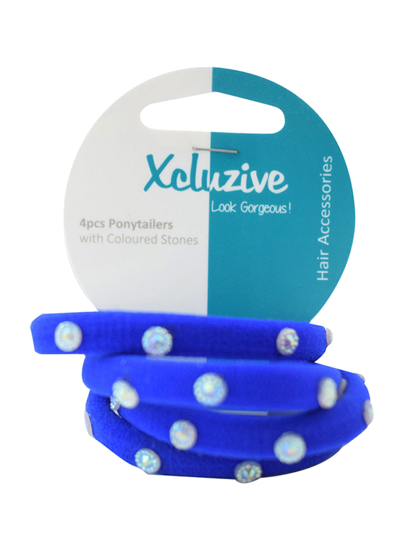 Xcluzive 4 Pieces Ponytailers with Coloured Stones, Blue