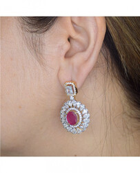 Glam Jewels Debonair Dangle Earrings for Women with Ruby Stone, Silver/Red