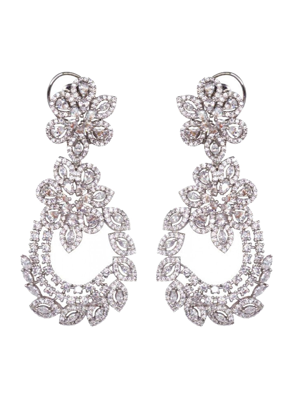 Glam Jewels Floral Power Dangle Earrings for Women, Silver