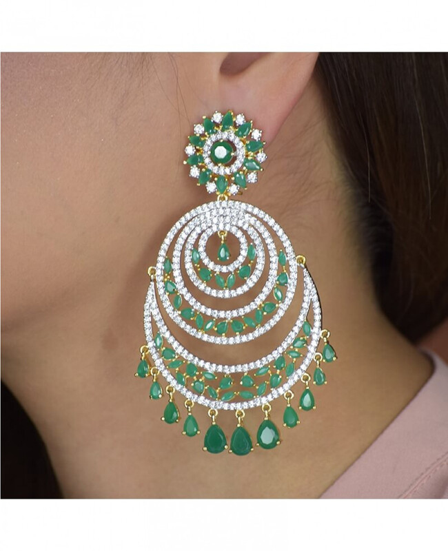 Glam Jewels Chand Dangle Earrings for Women with Emerald Stone, Silver/Green