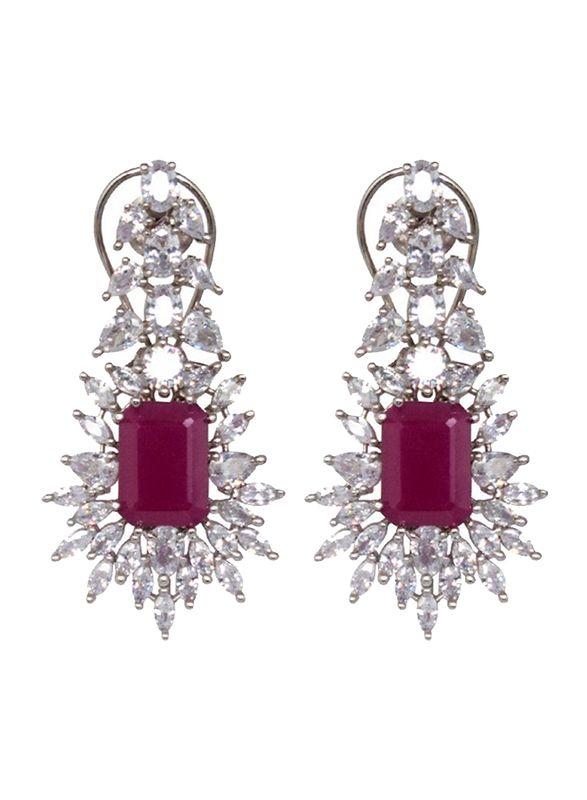 Glam Jewels Forever Love Dangle Earrings for Women with Ruby Stone, Silver/Red