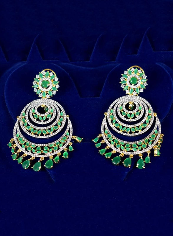 Glam Jewels Chand Dangle Earrings for Women with Emerald Stone, Silver/Green