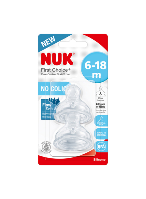 NUK First Choice Plus Anti-Colic Flow Control Teat Silicone Nipples, 6-18 Months, 2 Pieces, Clear