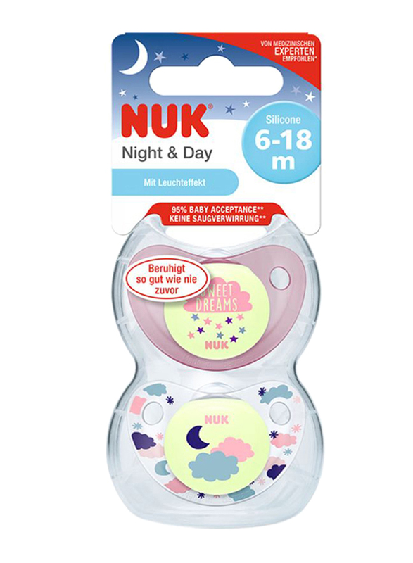 Nuk Night & Day Trendline Silicone Soother, 6-18Months, 2 Piece, Pink