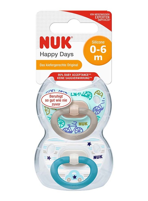 Nuk Happy Days Silicone Soother, 0-6 Months, 2 Piece, Blue