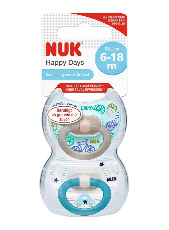 Nuk Happy Days Silicone Soother, 6-18 Months, 2 Piece, Blue