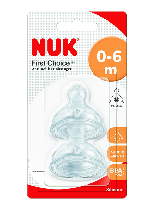 Nuk First Choice Plus Silcone Teat, 0-6 Months, Medium, 2 Piece, Clear