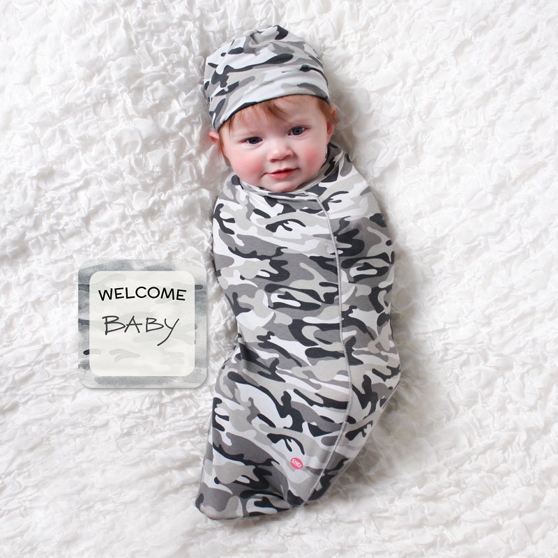 BABYjoe Camo Baby Cocoon Swaddle with Hat and Announcement Card for Babies, 0-4 Months, Grey