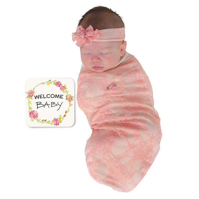 BABYjoe Pink Lace Baby Cocoon Swaddle with Hat and Announcement Card for Baby Girls, 0-4 Months, Pink