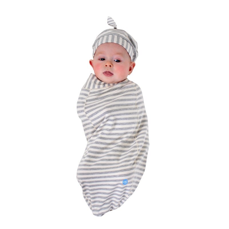 BABYjoe Stripe Baby Cocoon Swaddle with Hat and Announcement Card for Babies, 0-4 Months, Silver
