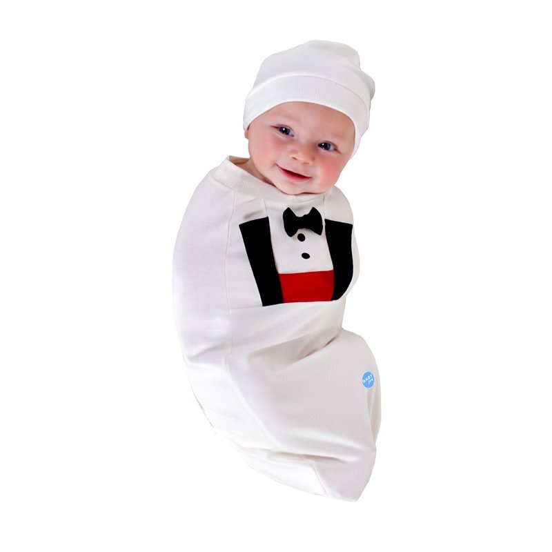 BABYjoe Tuxedo Baby Cocoon Swaddle with Hat and Announcement Card for Baby Boys, 0-4 Months, White
