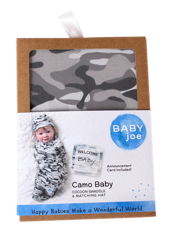 BABYjoe Camo Baby Cocoon Swaddle with Hat and Announcement Card for Babies, 0-4 Months, Grey