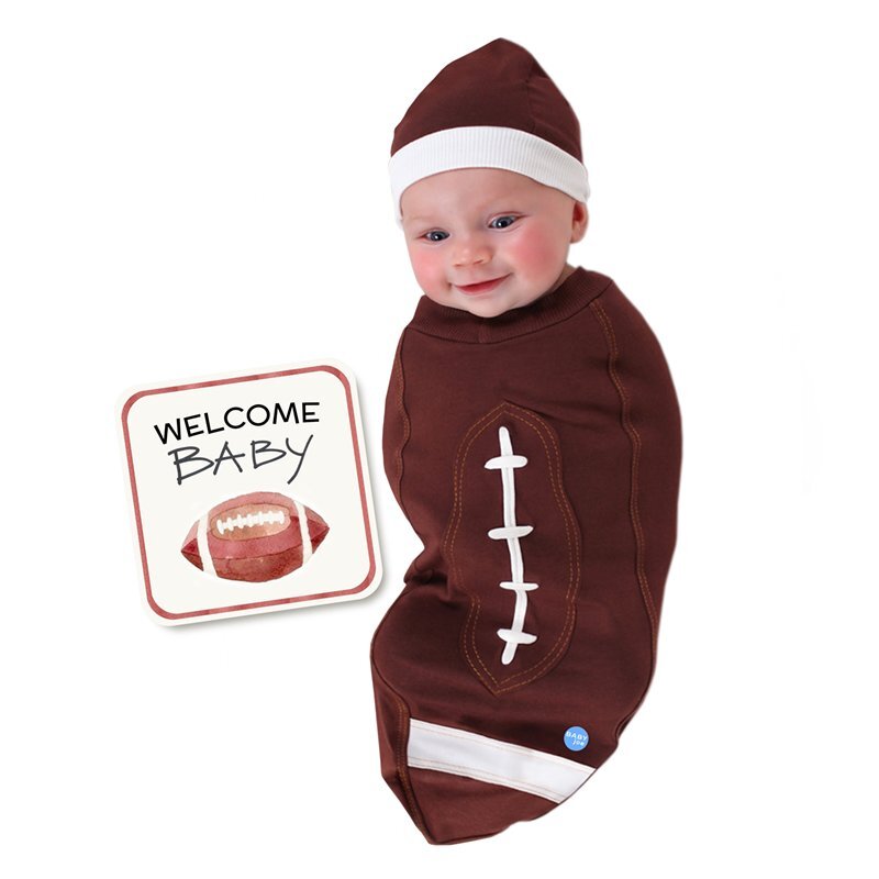 BABYjoe Football Baby Cocoon Swaddle with Hat and Announcement Card for Babies, 0-4 Months, Brown