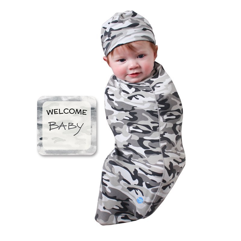 BABYjoe Camo Baby Cocoon Swaddle with Hat and Announcement Card for Babies, 0-4 Months, Grey