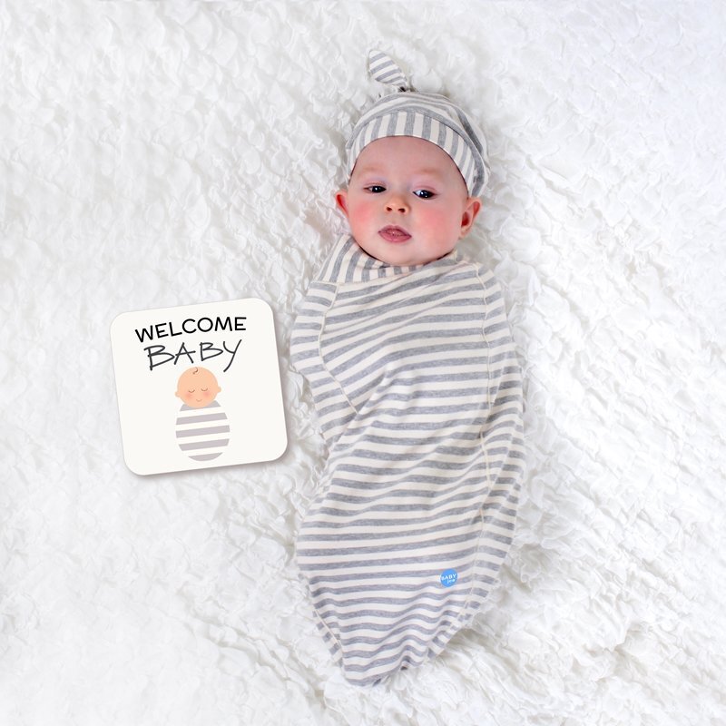 BABYjoe Stripe Baby Cocoon Swaddle with Hat and Announcement Card for Babies, 0-4 Months, Silver