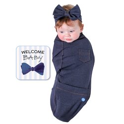 BABYjoe Blue Jean Baby Cocoon Swaddle with Hat and Announcement Card for Babies, 0-4 Months, Blue