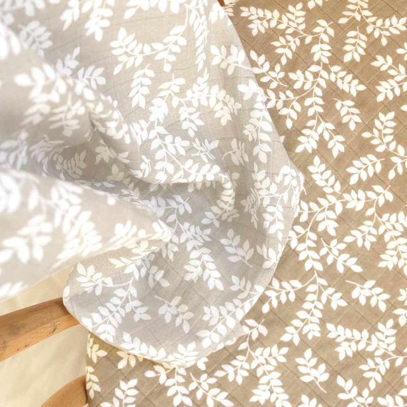 A Little Lovely Company Muslin Cloth, 2 Piece, 0-6 Months, Leaves-Taupe