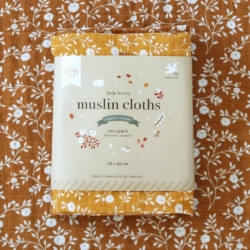 A Little Lovely Company Muslin Cloth, 2 Piece, 0-6 Month, Blossom/Caramel