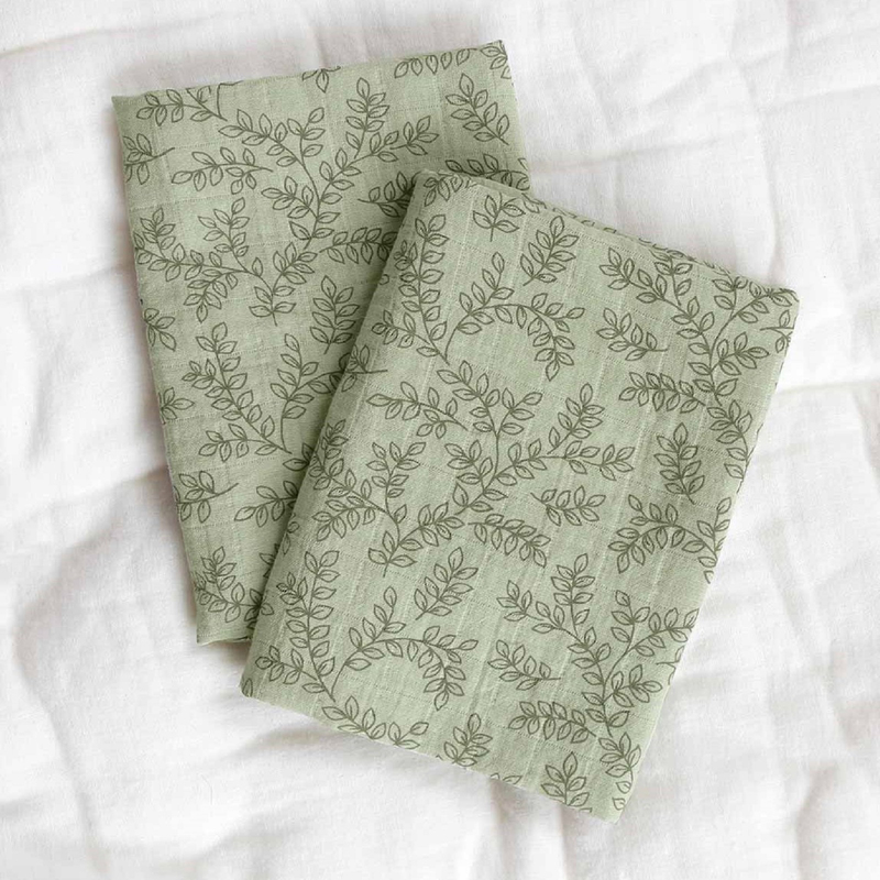 A Little Lovely Company Muslin Cloth, 2 Piece, 0-6 Months, Leaves/Sage