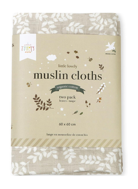 A Little Lovely Company Muslin Cloth, 2 Piece, 0-6 Months, Leaves-Taupe