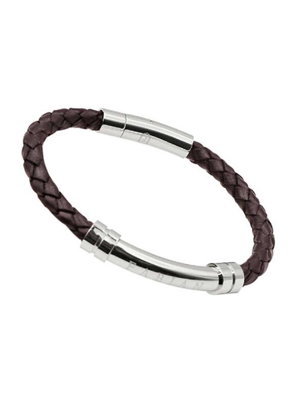 Fabian Leather Braided Bracelet for Men with Stainless Steel Closure, Brown/Silver