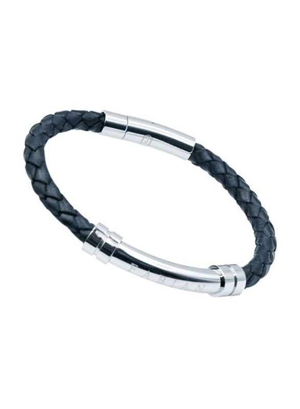 Fabian Leather Braided Bracelet for Men with Stainless Steel Closure, Blue/Silver