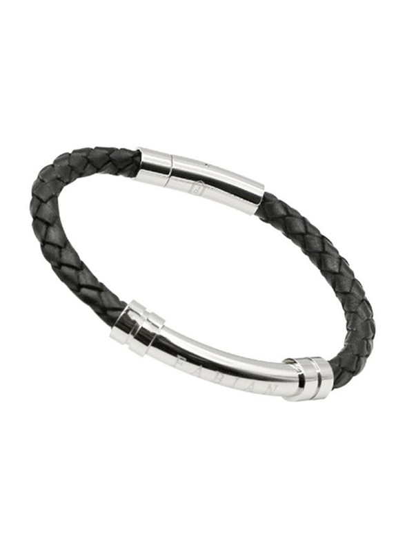 Fabian Leather Braided Bracelet for Men with Stainless Steel Closure, Black/Silver