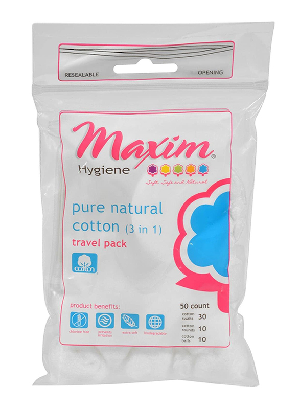 

Maxim 3-in-1 Pure Travel Pack, with Cotton Swabs, Rounds & Balls, 50 Pieces