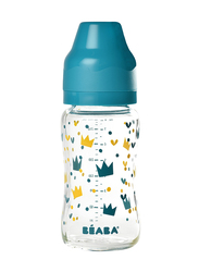 Beaba Wide Neck Glass Bottle 240ml, Blue