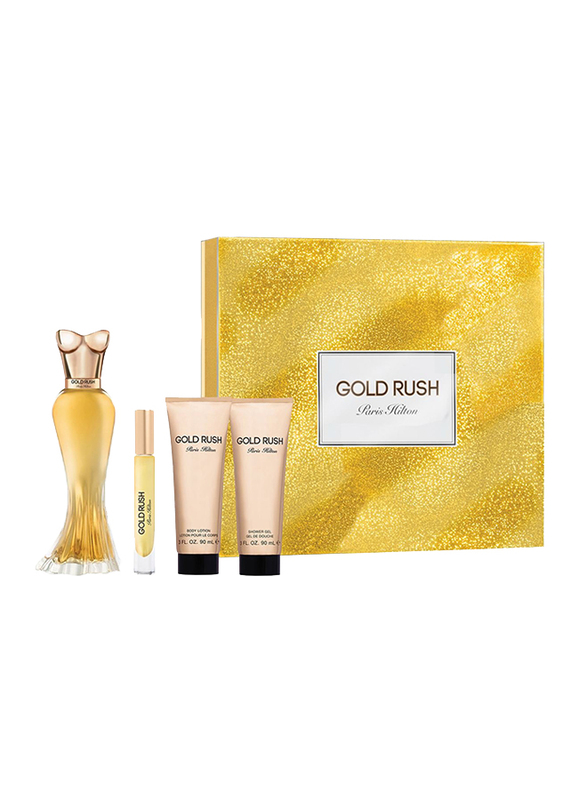 

Paris Hilton 4-Piece Gold Rush Gift Set for Women, 100ml EDP Perfume, 90ml Body Lotion, 90ml Shower Gel, 60ml EDP Perfume Rollerball