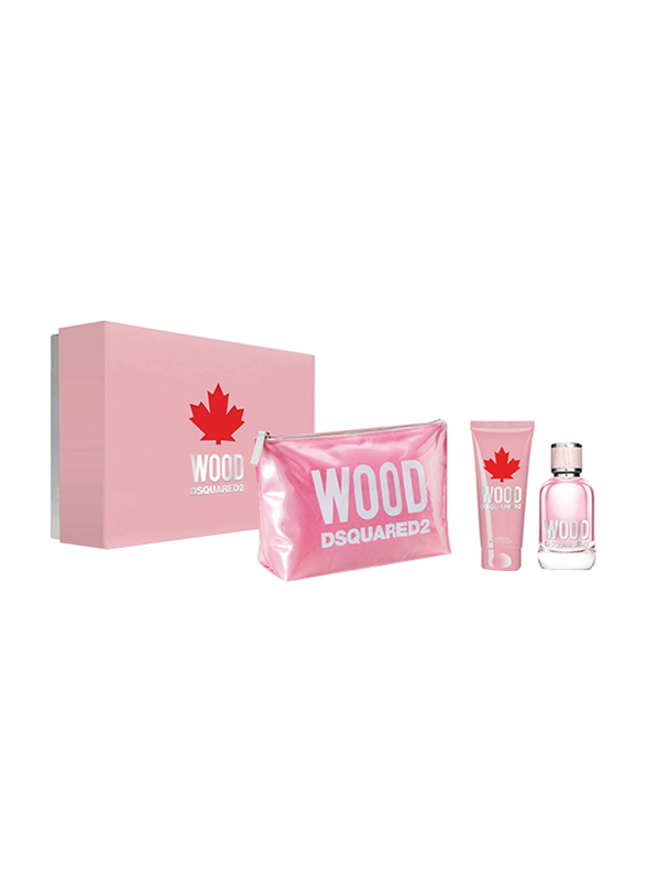 

Dsquared2 3-Piece Wood Gift Set for Women, 100ml EDT Perfume, 100ml Body Lotion, Pink Wood Pouch