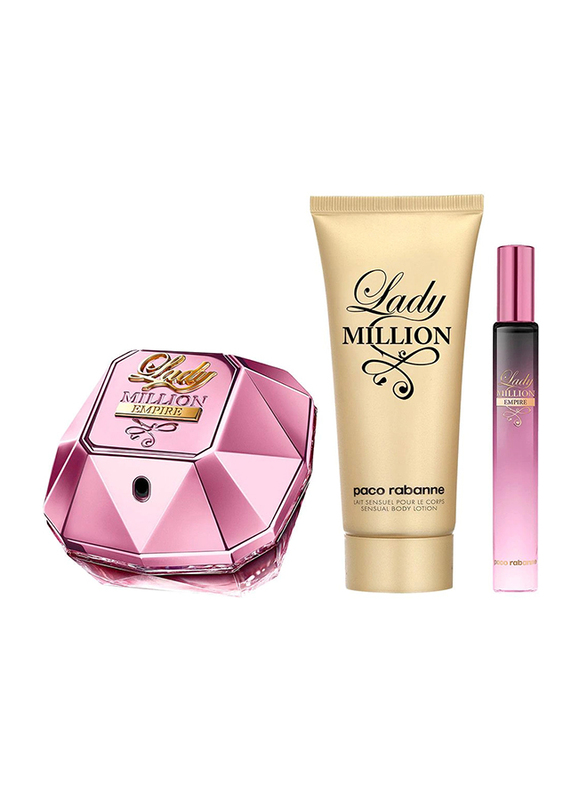 

Paco Rabanne 3-Piece Lady Million Empire Gift Set for Women, 80ml EDP Perfume, 10ml EDP Perfume, 100ml Body Lotion