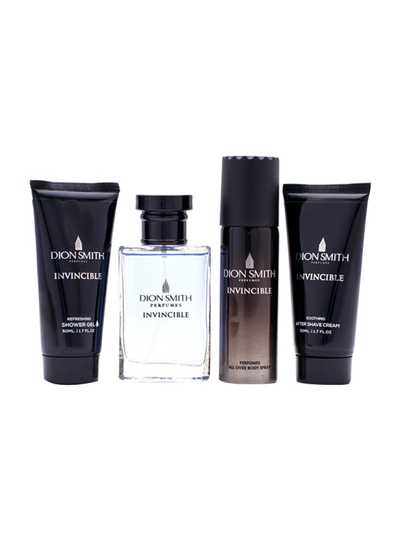 

Dion Smith 4-Piece Invincible Limited Edition Gift Set for Men, EDP Perfume 50ml, 25ml Body Spray, 50ml Shower Gel, 50ml After Shave Cream