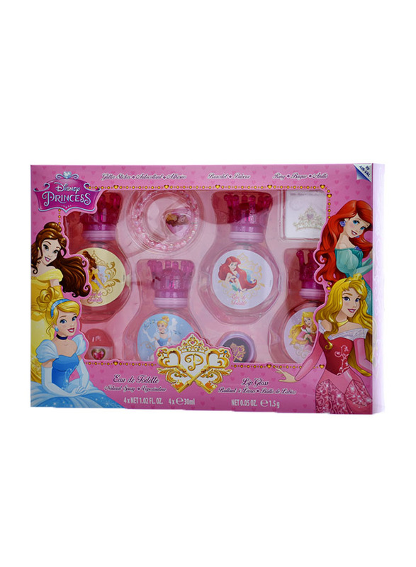 

Disney Princess 8-Piece Gift Set for Girls, 4 x 30ml EDT Perfume, 1.5gm Lip Gloss, Ring, Bracelet, Sticker