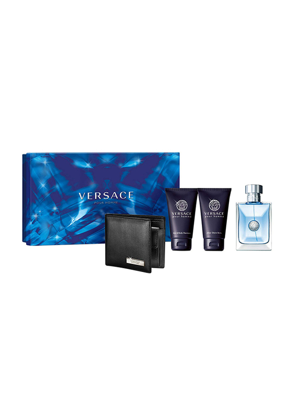 

Versace 4-Piece Pour Homme Gift Set for Men, 100ml EDT Perfume, 100ml Hair and Body Shampoo, 100ml After Shave Balm, Wallet