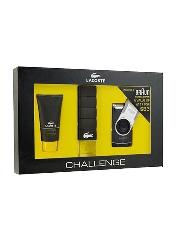 

Lacoste 3-Piece Challenge Gift Set for Men, 90ml EDT Perfume, 75ml After Shave Balm, Braun razor