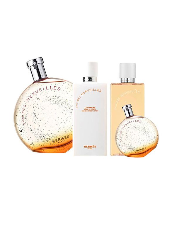 

Hermes 4-Pieces Eau Des Merveilles Gift Set for Women, 100ml EDT Perfume, 15ml EDT Perfume, 40ml Body Lotion, 40ml Shower Gel