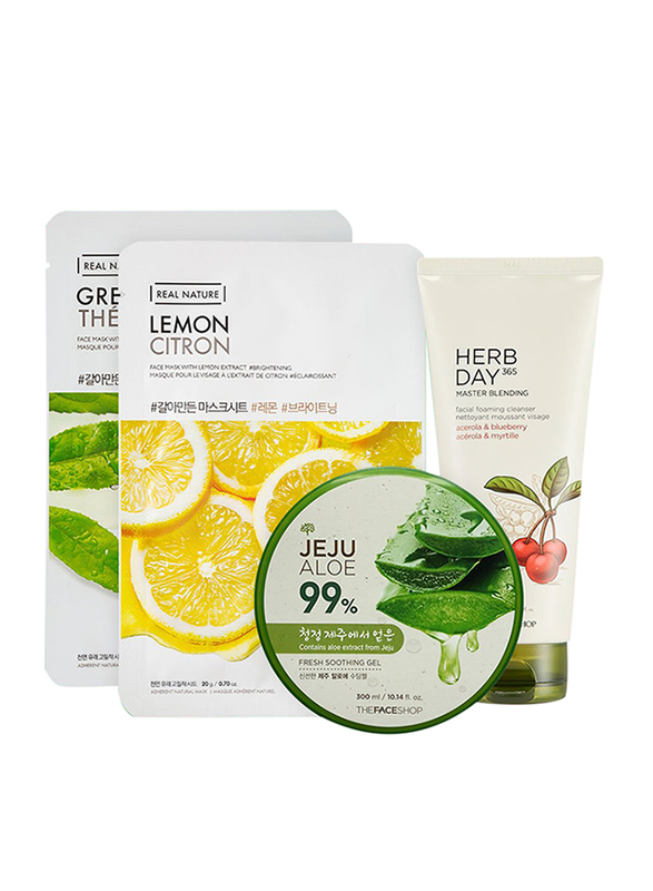 

The Face Shop Jeju Aloe Fresh Soothing Gel + Herb Day 365 Master Blending Facial Foaming Cleanser + Real Nature Lemon Mask Sheet + Real Nature Greente